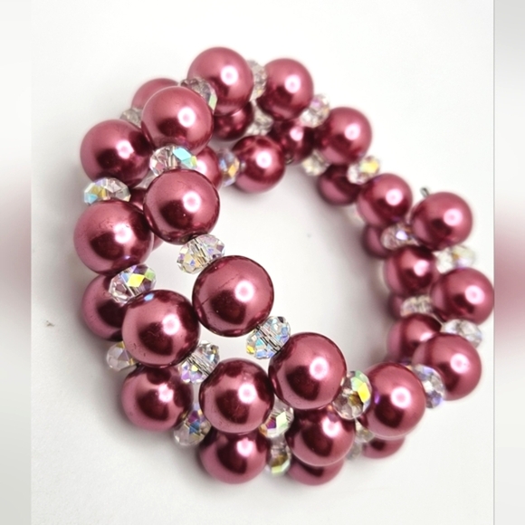 🟢3/$19🟢 Pink Pearl Aurora Borealis Crystal Memory Wire Statement Bracelet - Picture 4 of 5